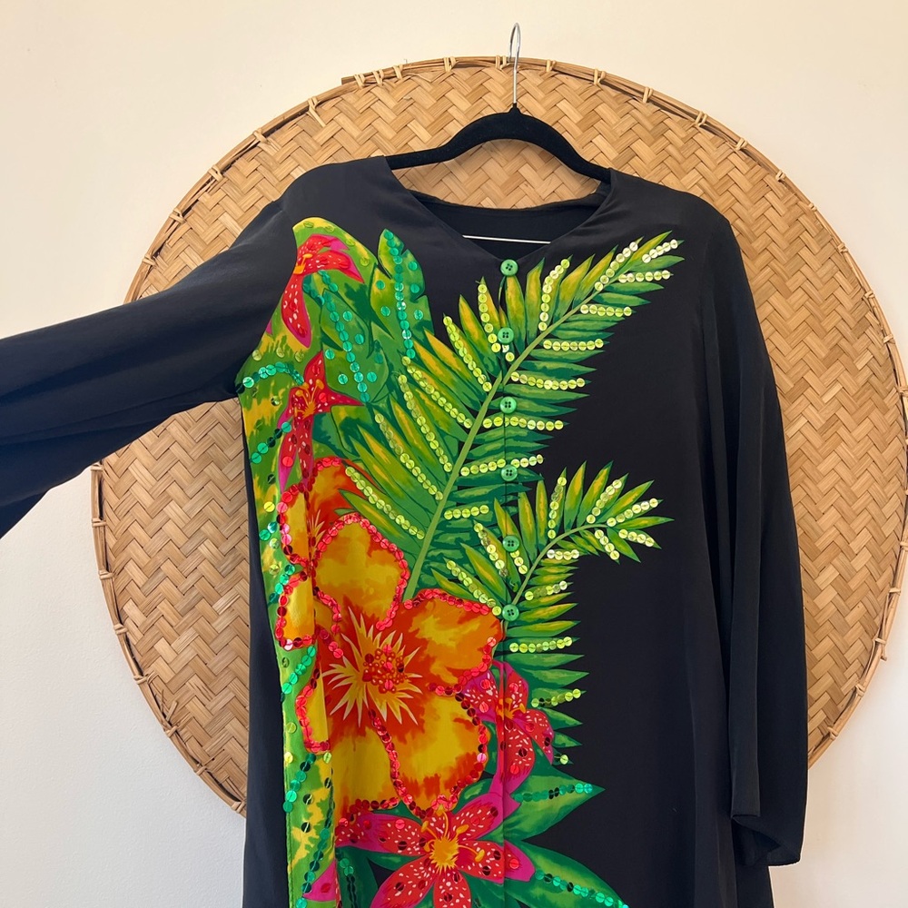 DIANE GILMAN 100% SILK TROPICAL PALMS RESORT-WEAR PANT SUIT W/ SEQUIN‎ DETAILING - Picture 8 of 14